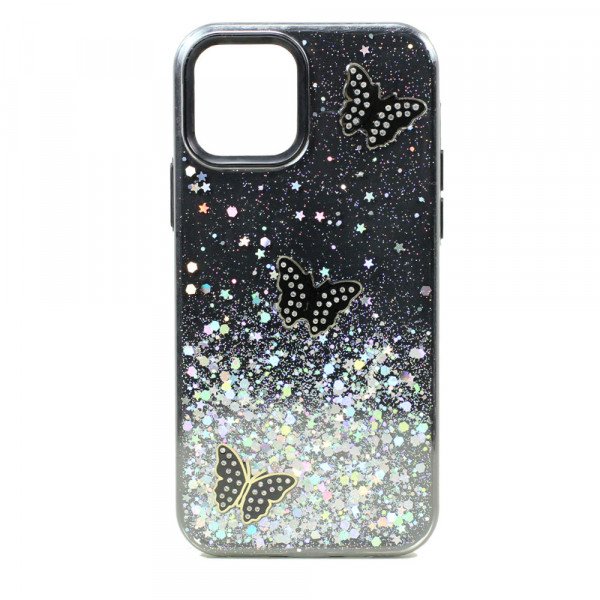 Wholesale Glitter Jewel Butterfly Double Layer Hybrid Case Cover for Apple iPhone 12 Pro Max (Black)